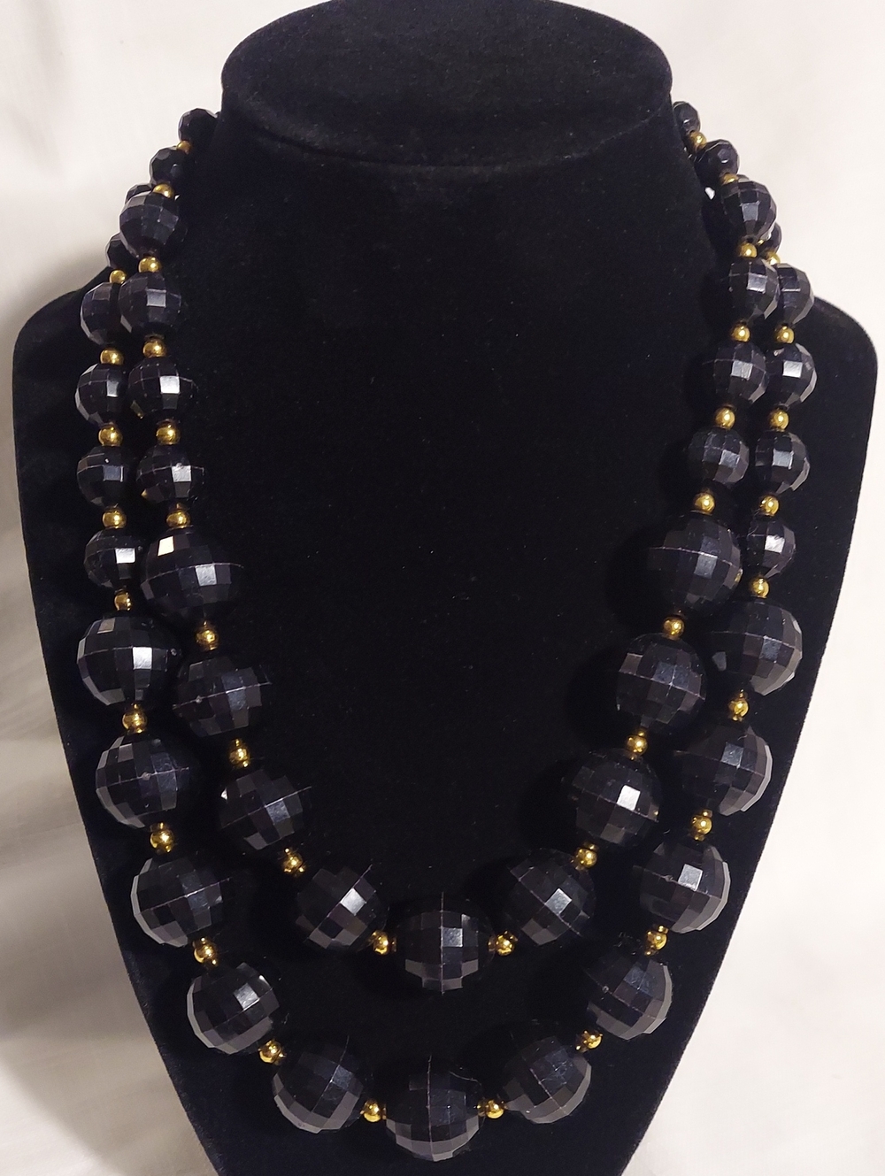 Women's Black Faceted Bead Layered Necklace Gold Tone Spacers